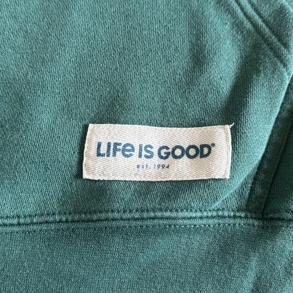 Life is Good green campfire, dog, guitar mountain scene hoodie.  Men’s  large - Picture 9 of 11